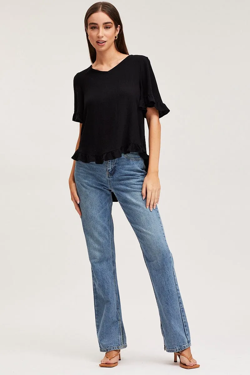 Black Frill Top Short Sleeve V-Neck