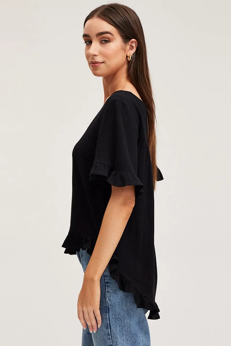 Black Frill Top Short Sleeve V-Neck