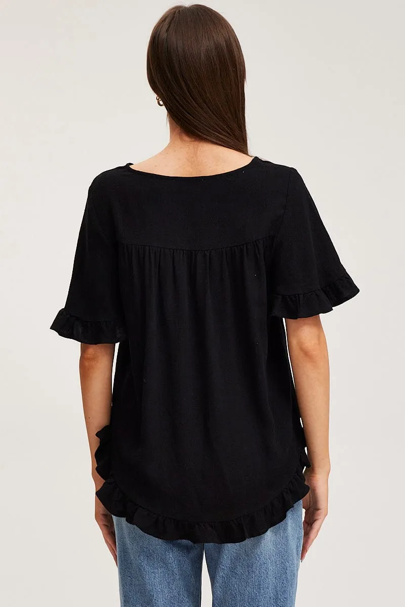 Black Frill Top Short Sleeve V-Neck