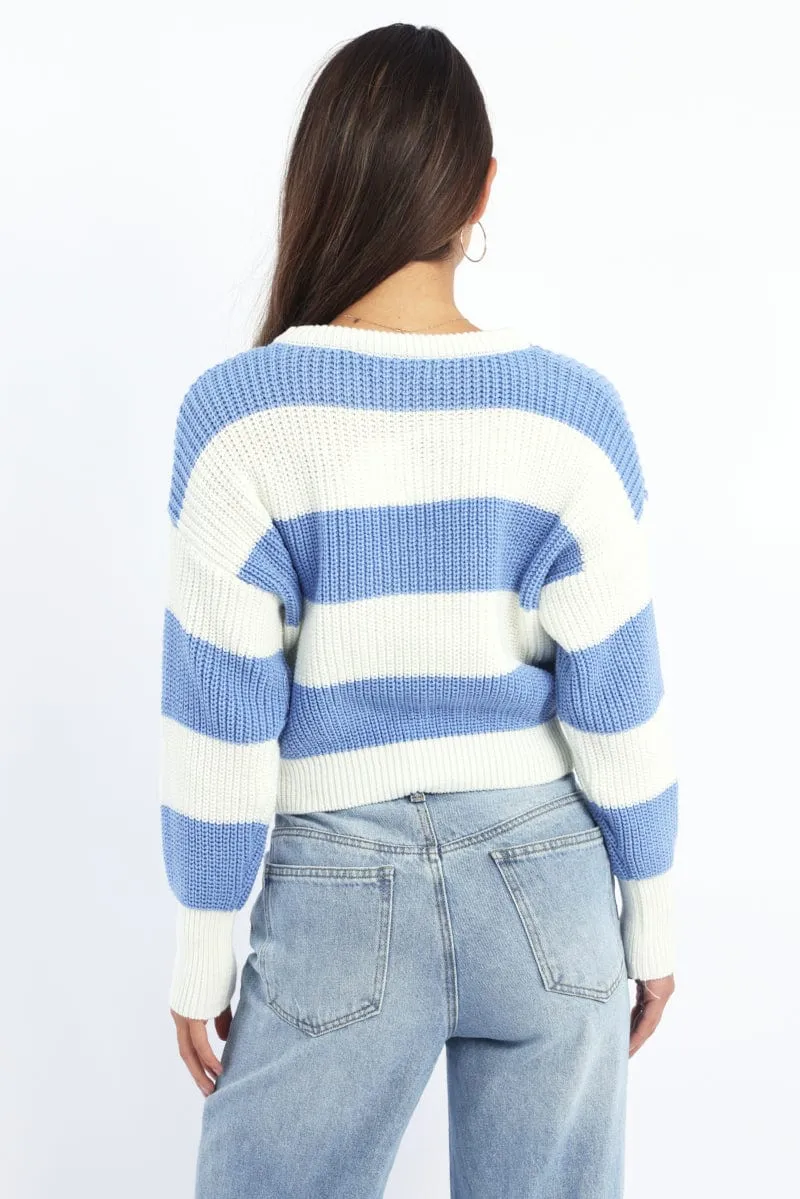 Blue Stripe Knit Top Long Sleeve Color Block