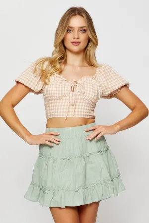 Check Crop Top Long Sleeve Sweetheart