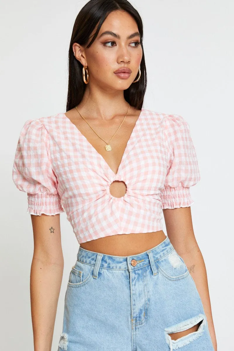 Check Crop Top Short Sleeve Square Neck