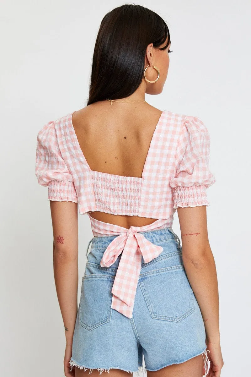 Check Crop Top Short Sleeve Square Neck