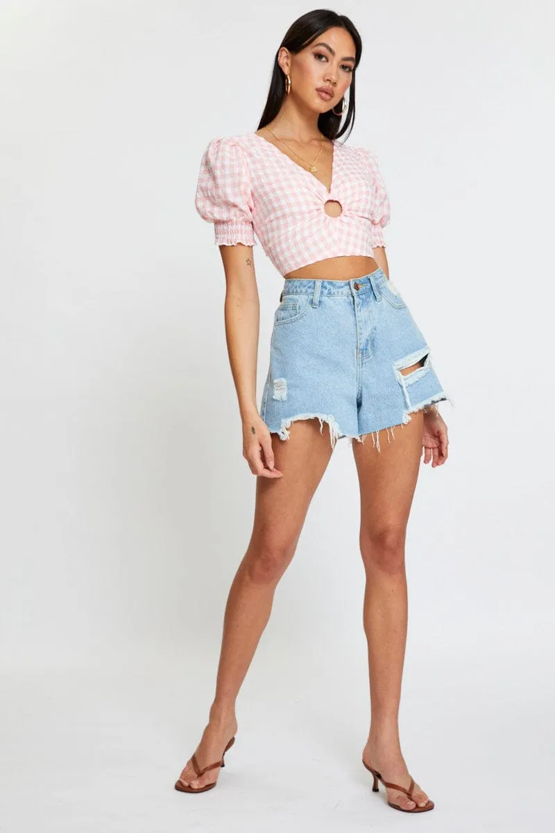 Check Crop Top Short Sleeve Square Neck
