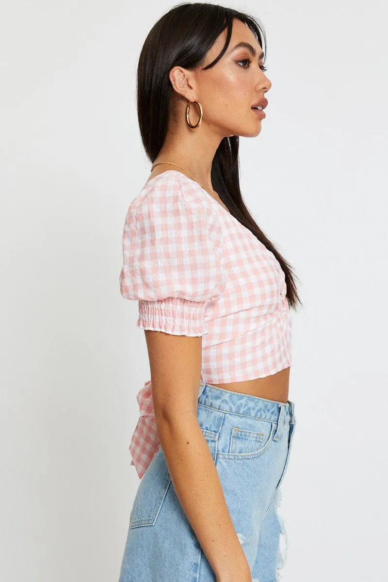 Check Crop Top Short Sleeve Square Neck