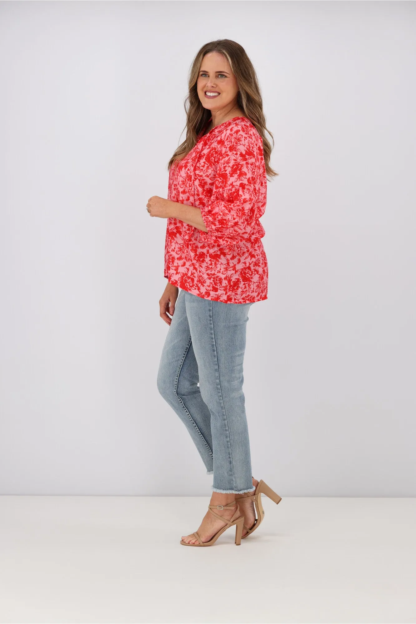 Gloss by Shine On Dana Tie Blouse Red Pink Floral