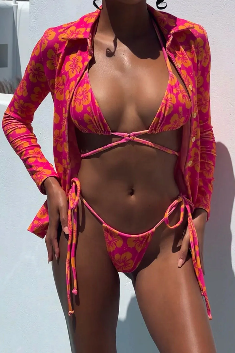 Nova Terry Floral Long Sleeve Button Up - Hibiscus Honey