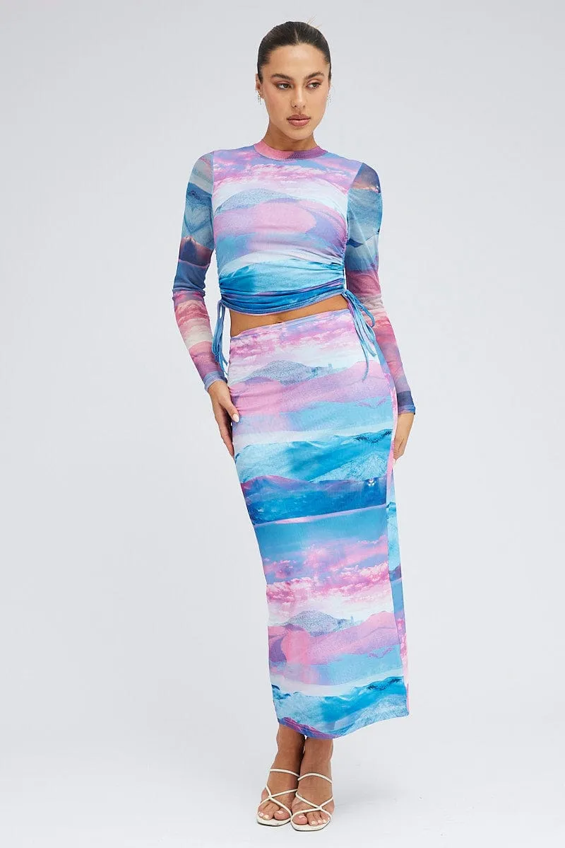 Pink Abstract Top Long Sleeve Crew Neck Print Mesh