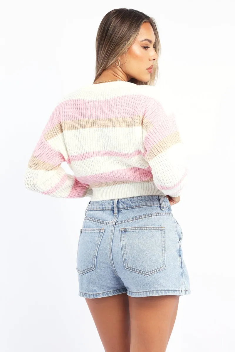 Pink Stripe Knit Top Long Sleeve Color Block