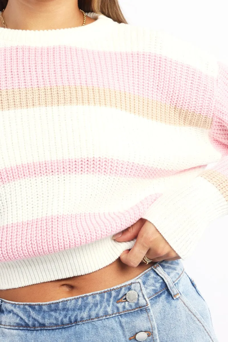 Pink Stripe Knit Top Long Sleeve Color Block