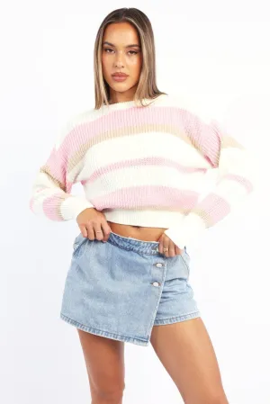 Pink Stripe Knit Top Long Sleeve Color Block