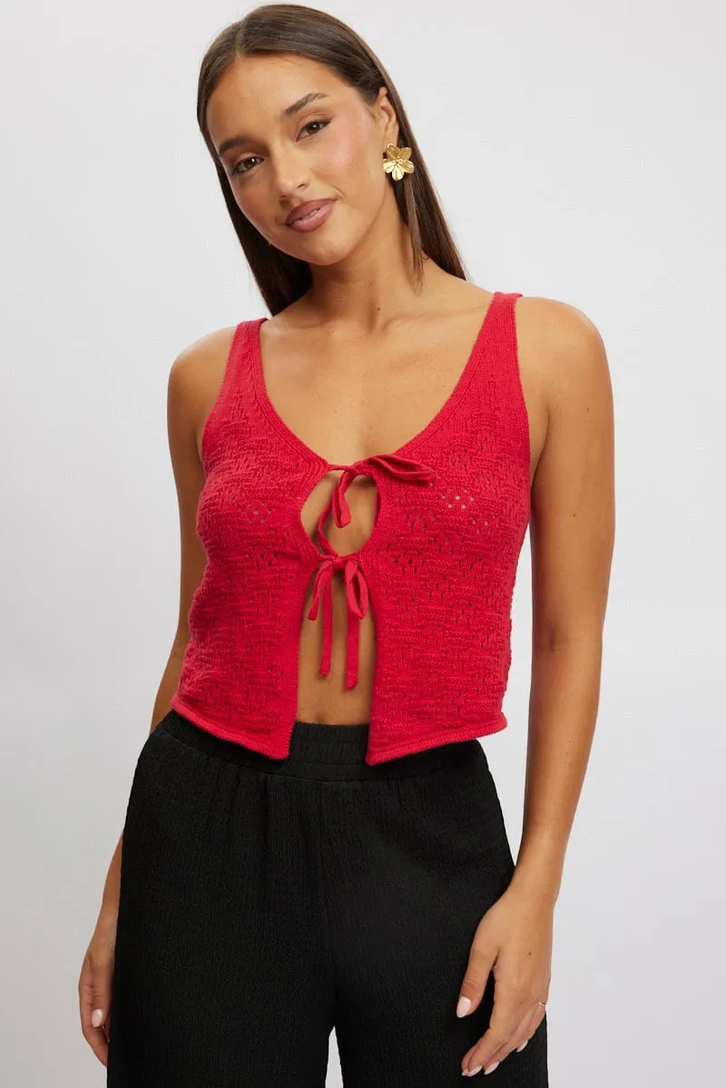 Red Crochet Knit Vest Tie Up