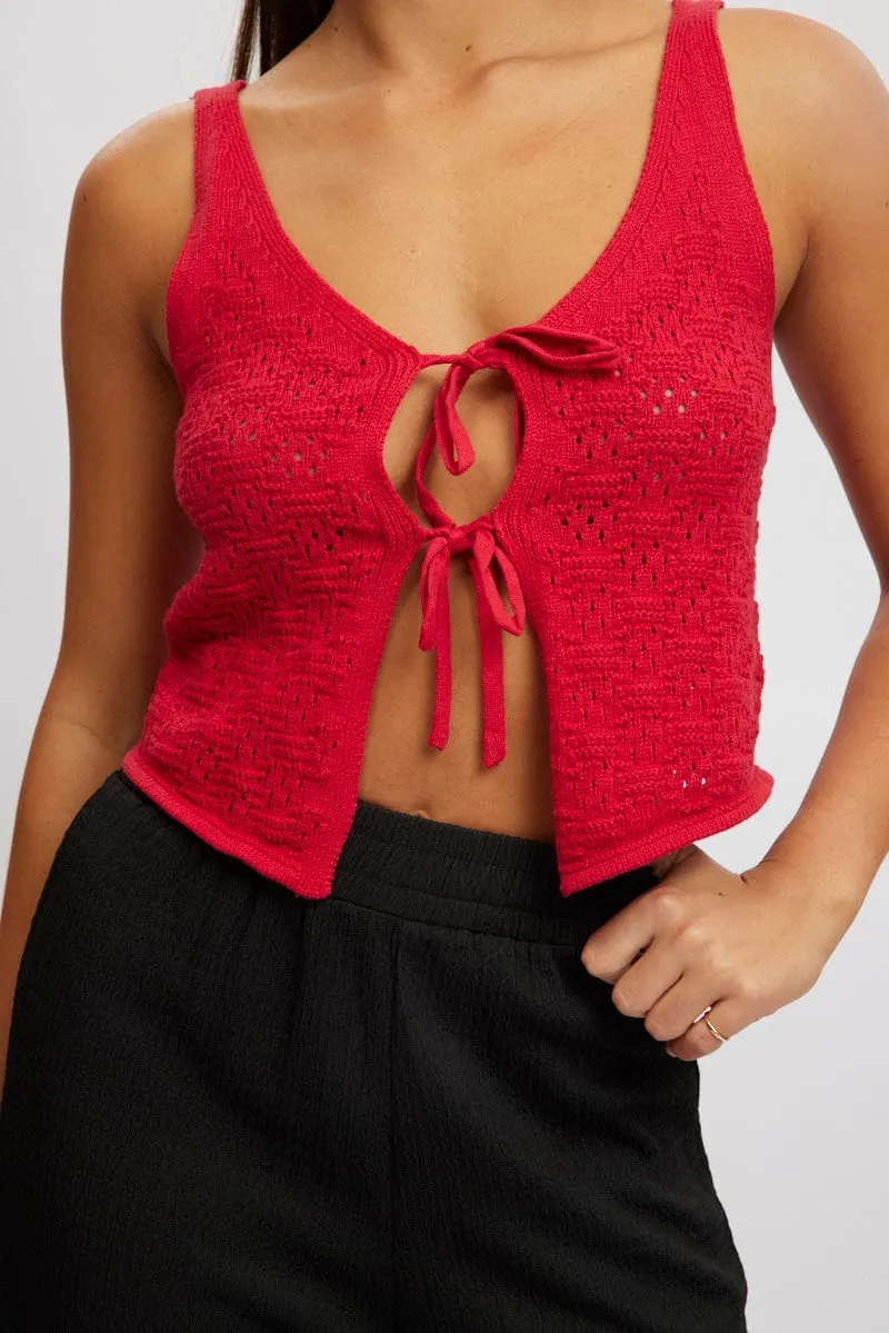 Red Crochet Knit Vest Tie Up