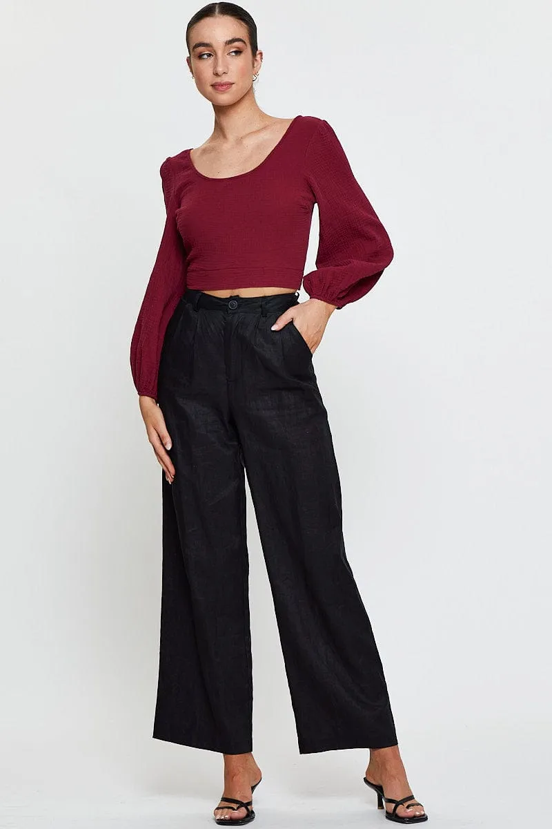 Red Crop Top Long Sleeve Round Neck