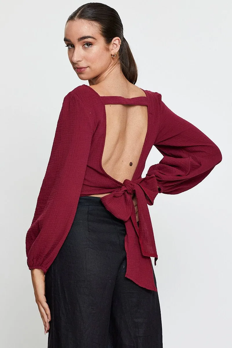 Red Crop Top Long Sleeve Round Neck