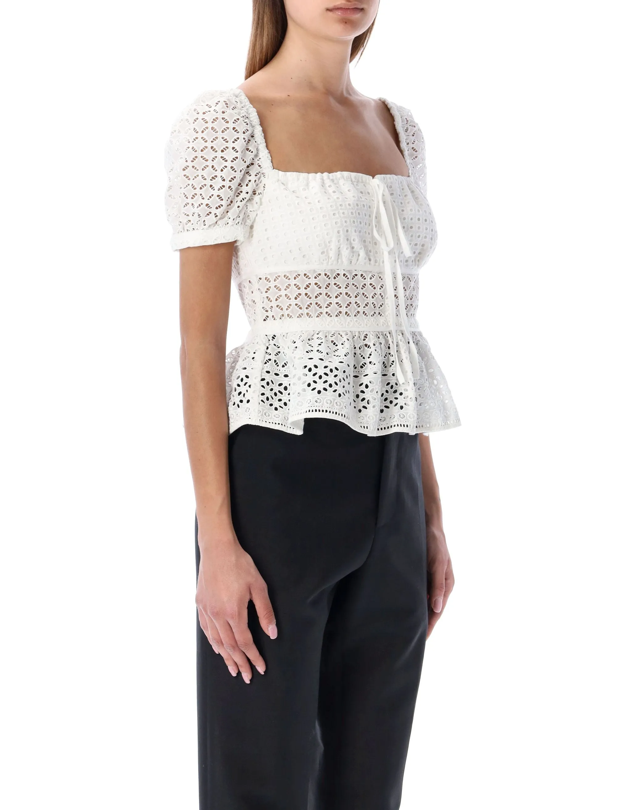 Self-Portrait Broderie Peplum Square-Neck Top