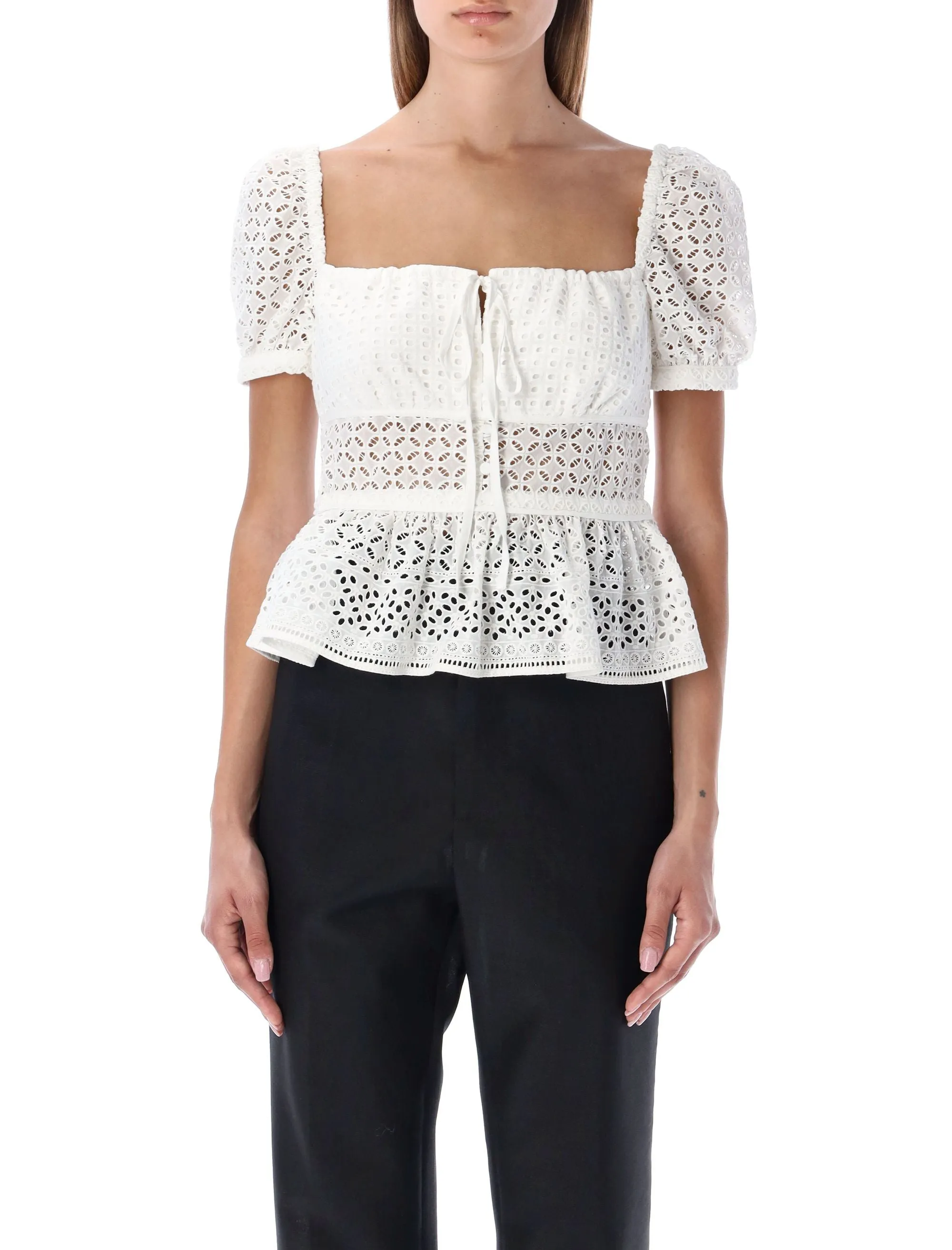 Self-Portrait Broderie Peplum Square-Neck Top