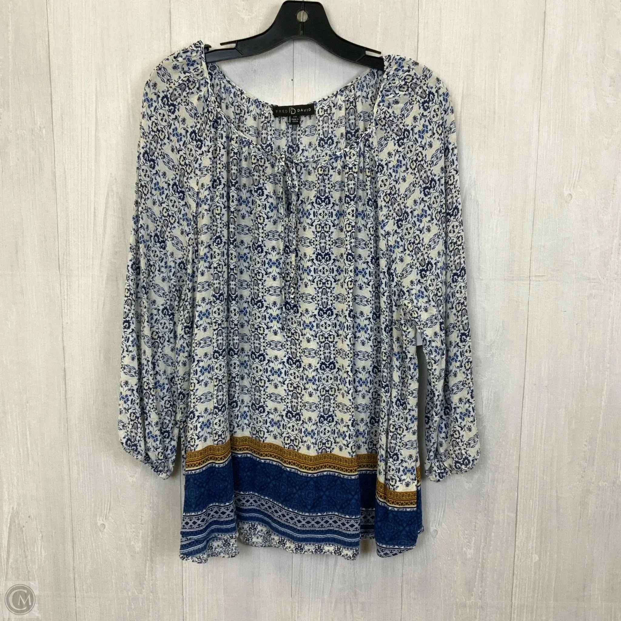 Top 3/4 Sleeve By Fred David In Blue & White, Size: 2x