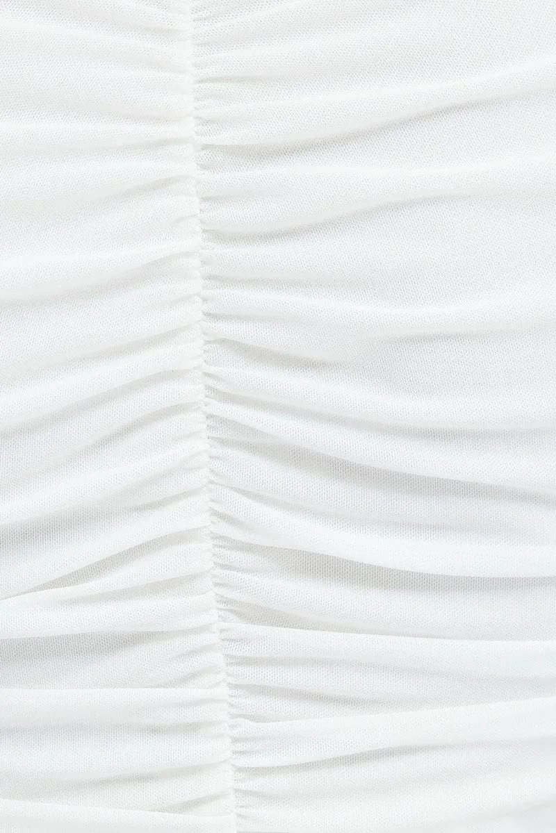 White Mesh Top Long Sleeve Ruched Hook And Eye