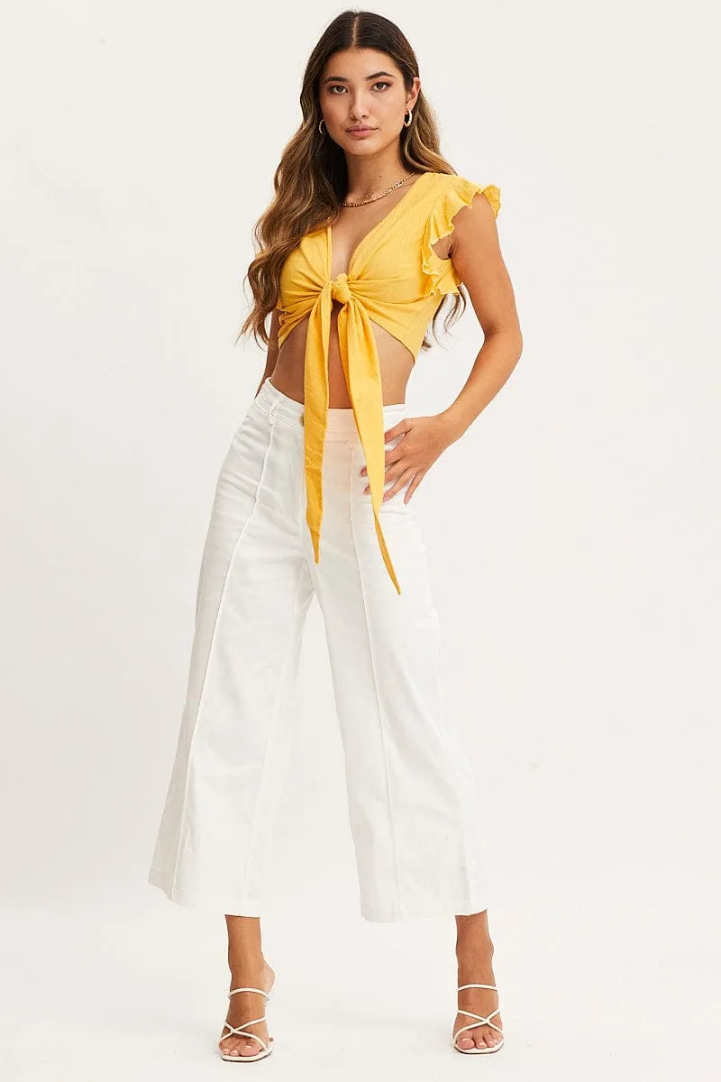 Yellow Crop Top Short Sleeve Tie Front